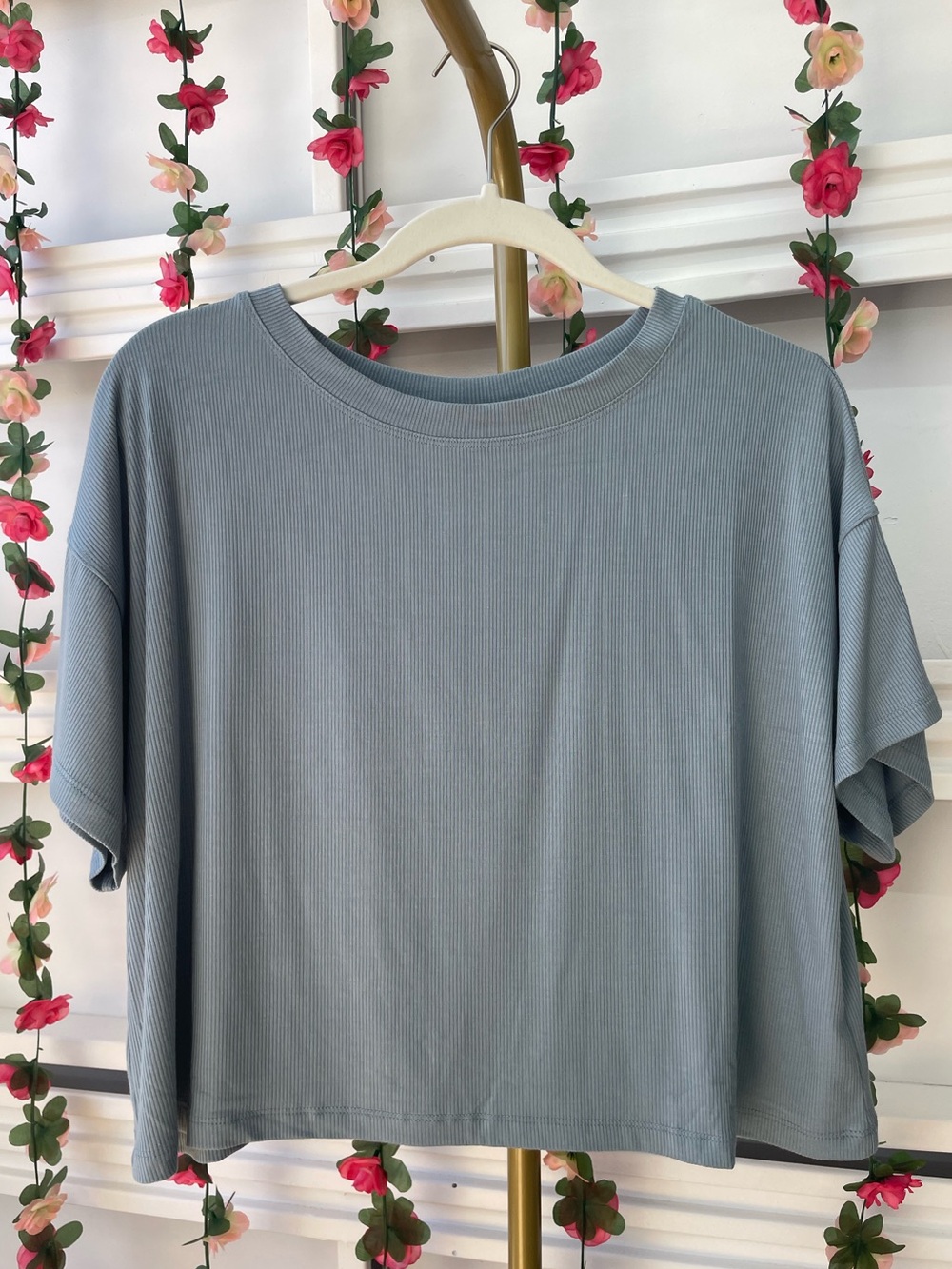 Zenana Relaxed Ribbed Crop Tee- Blue Grey